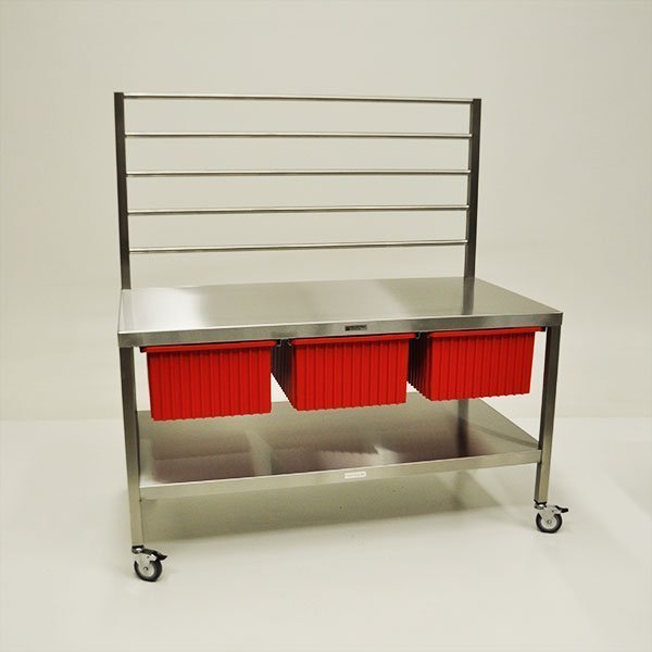 Midcentral Medical 60"L x 32"D x 35"H Stainless Steel Table with wrapping frame and pull out bins MCM596